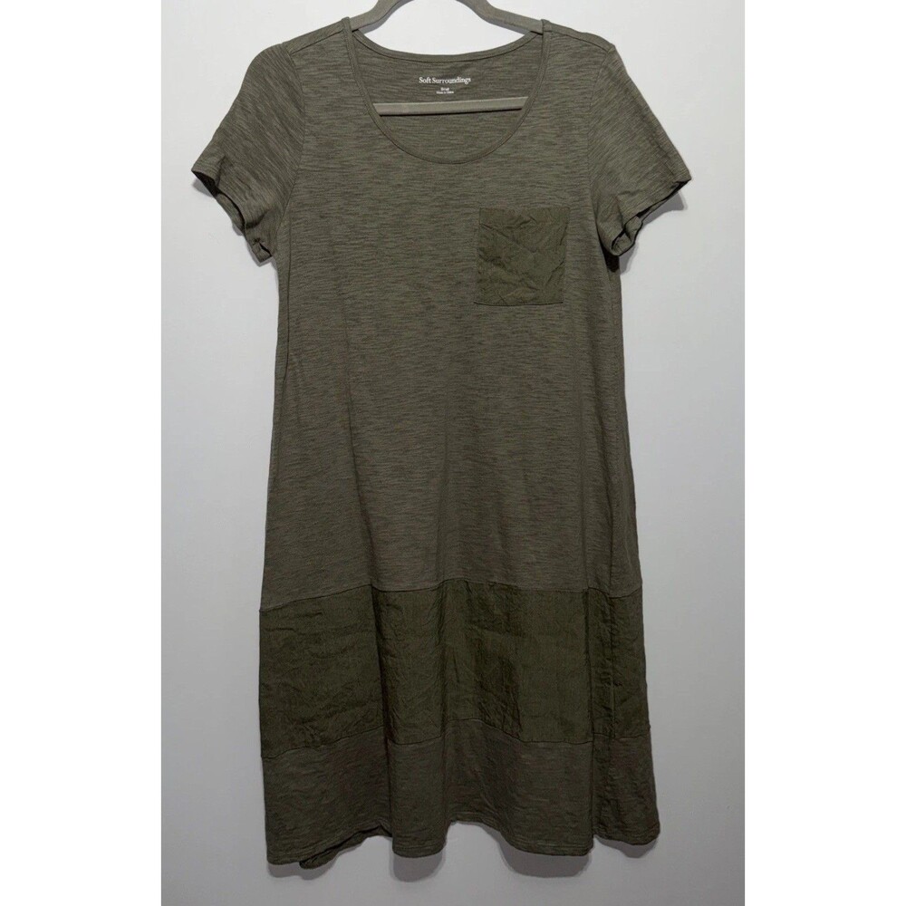 Soft Surroundings Winnie T-shirt Dress Sz S Linen Blend Pocket Olive Green